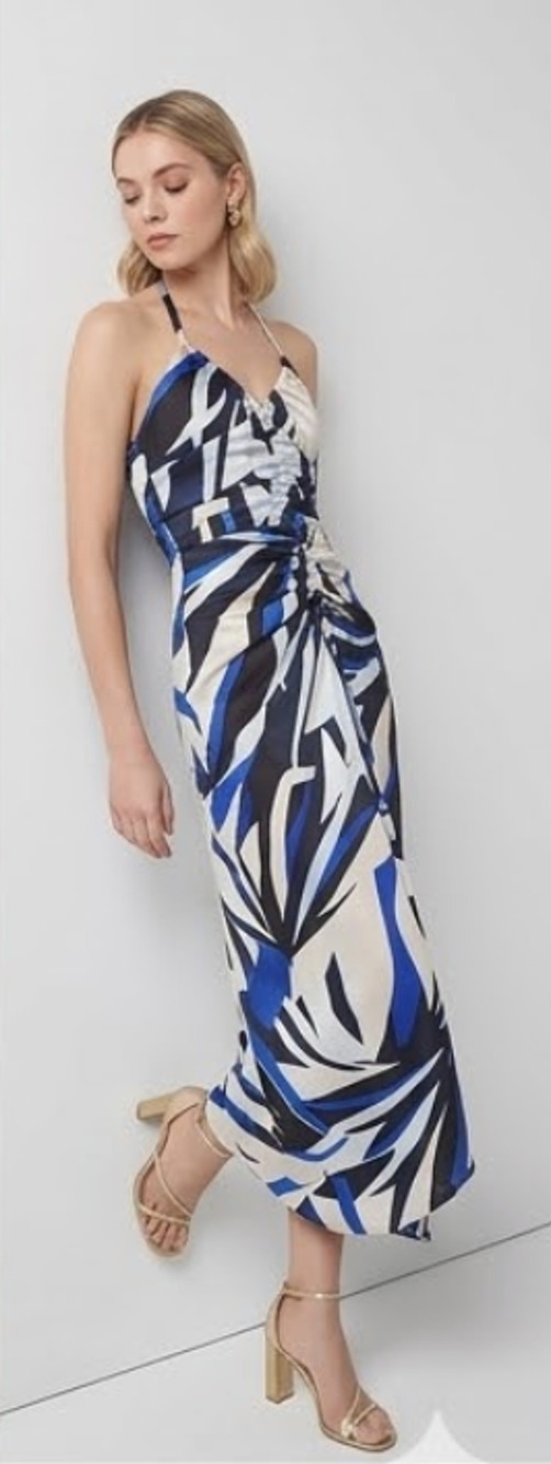 NEW WHITE HOUSE BLACK MARKET WHBM BAY PALMS ECRU SATIN HALTER CINCH MIDI DRESS 8 - Picture 2 of 11
